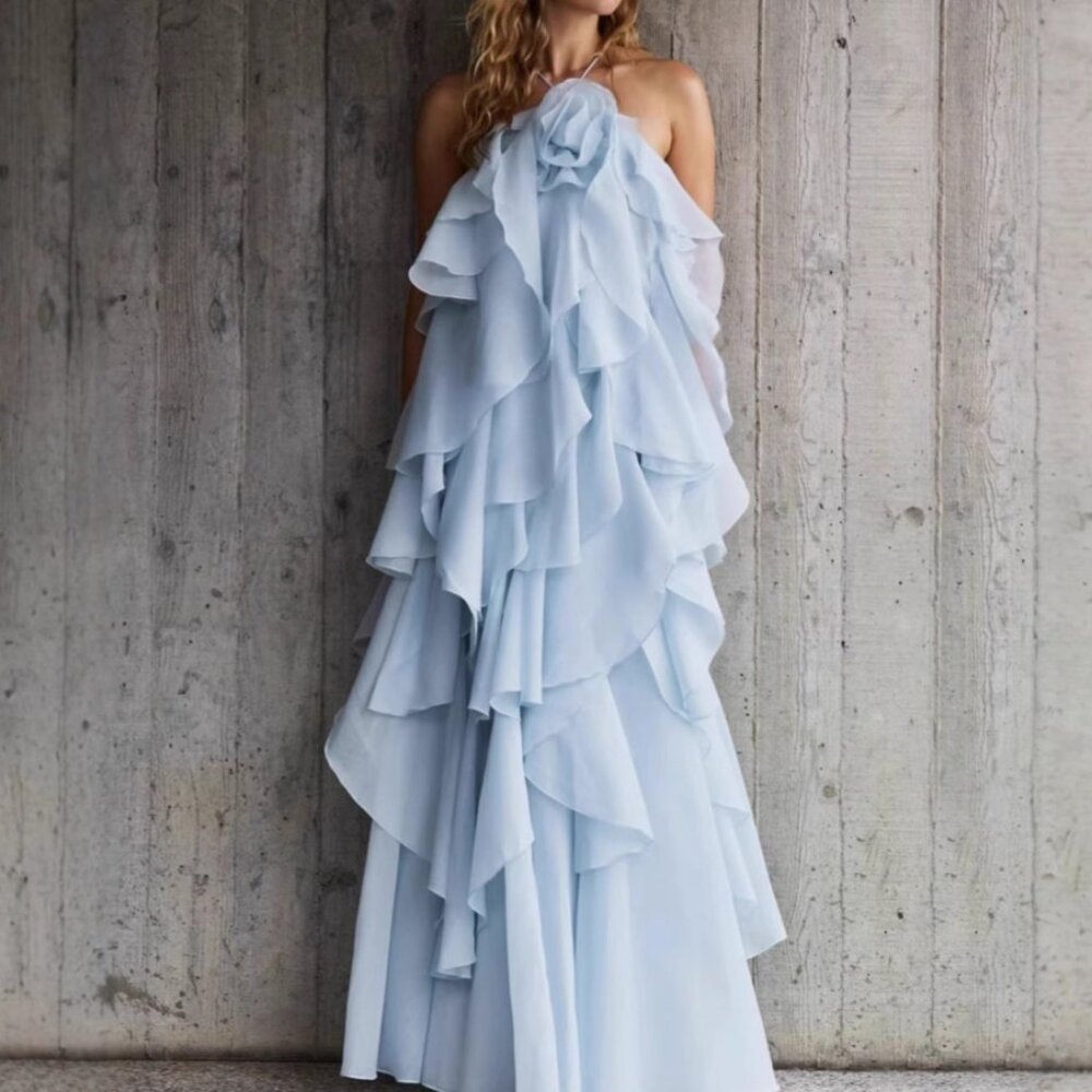 Ethereal Blue Cascading Ruffle Halter Maxi Gown